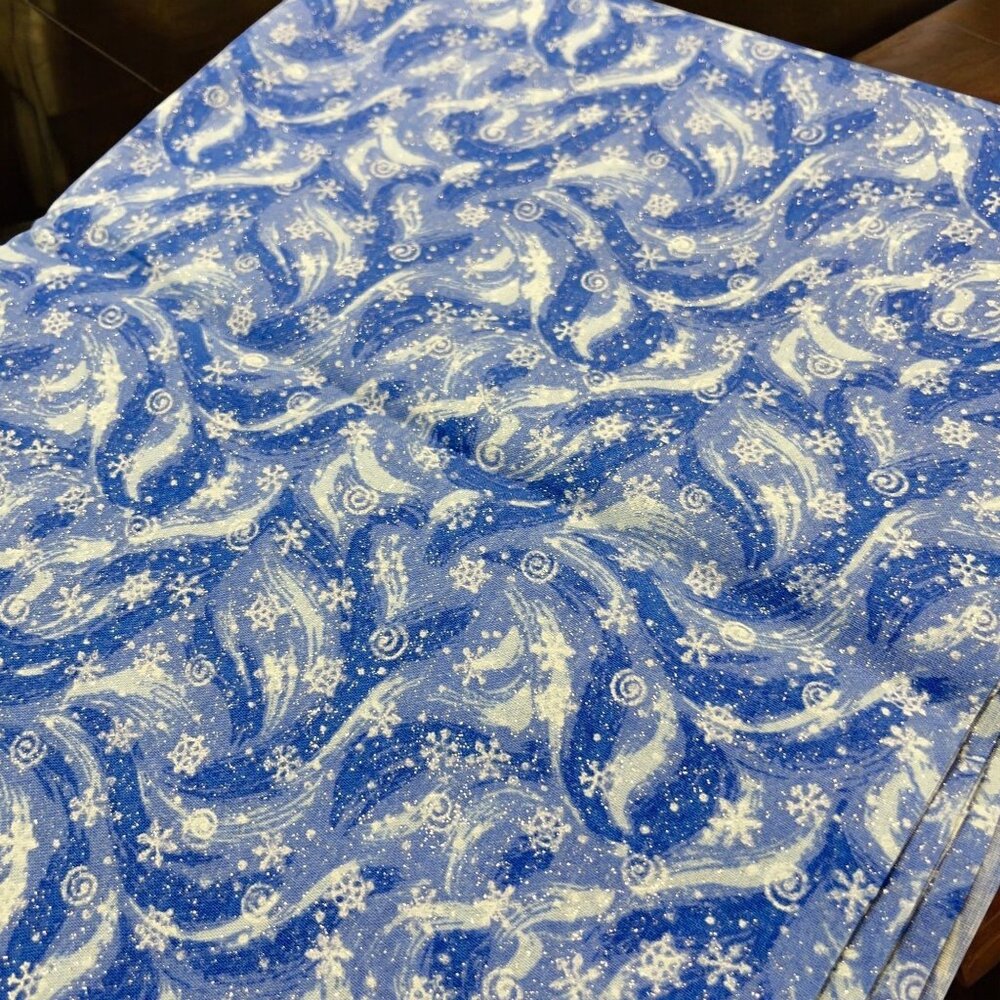 Blue Frozen Snowfall Snowflake Fabric Remnant Blue & White Cotton Winter Snow